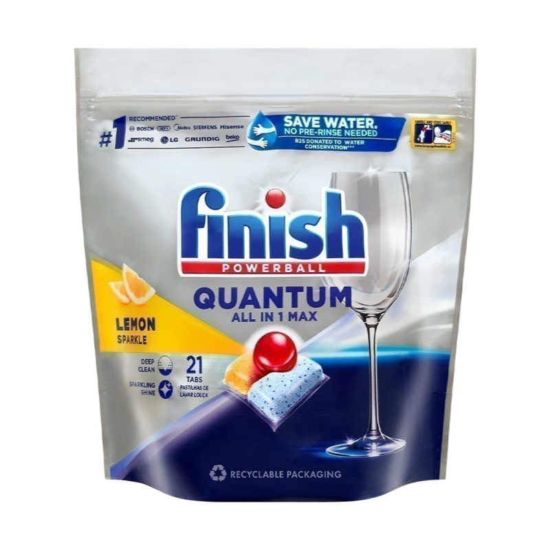 Túi 21 viên rửa chén Finish Quantum All in 1 (14x tính năng trong 1 viên công thức mới – Hương Chanh) – (Dành cho máy rửa chén 10-12-13 bộ).